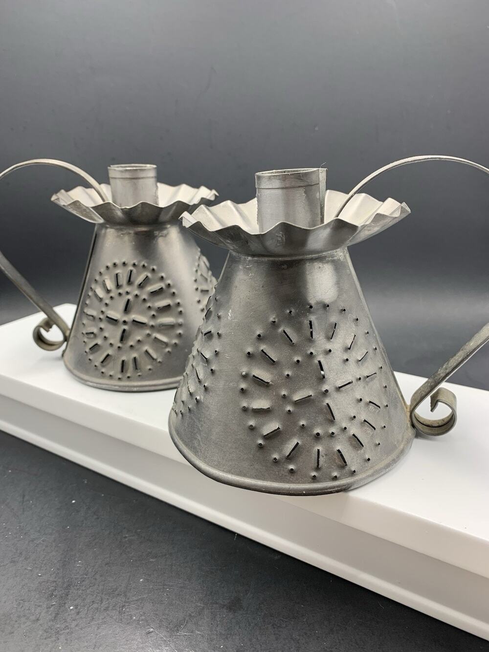 Pair Primitive Punched Tin Metal Taper Candle Holder Candlesticks